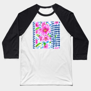 Pink flowers and blue gingham Baseball T-Shirt